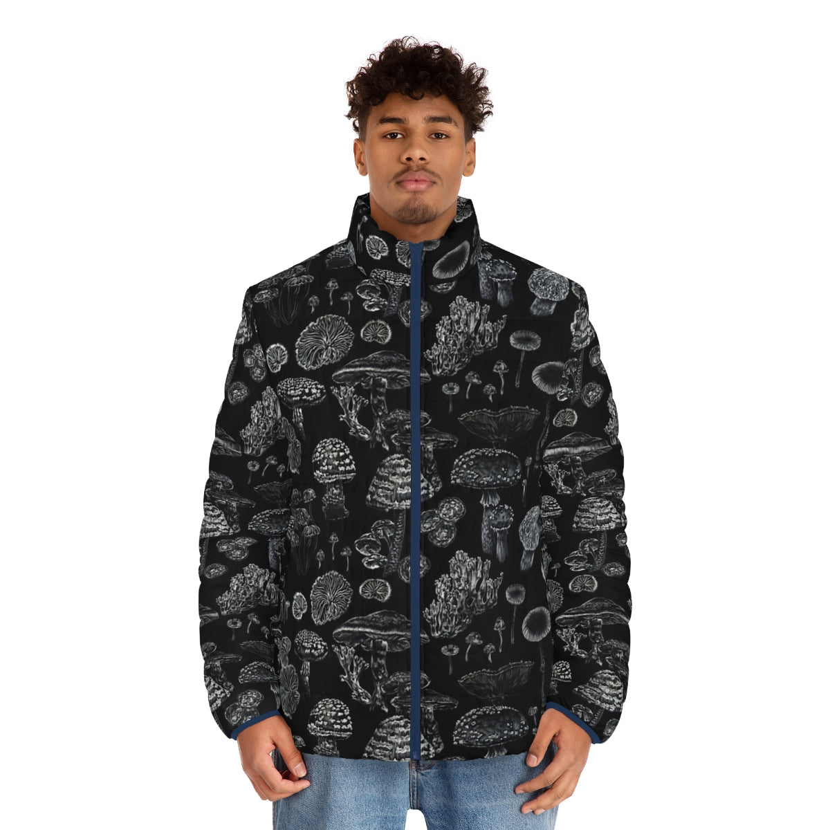 Black puffer jacket with mushroom and botanical motifs, perfect for goth and witchy fashion - men front