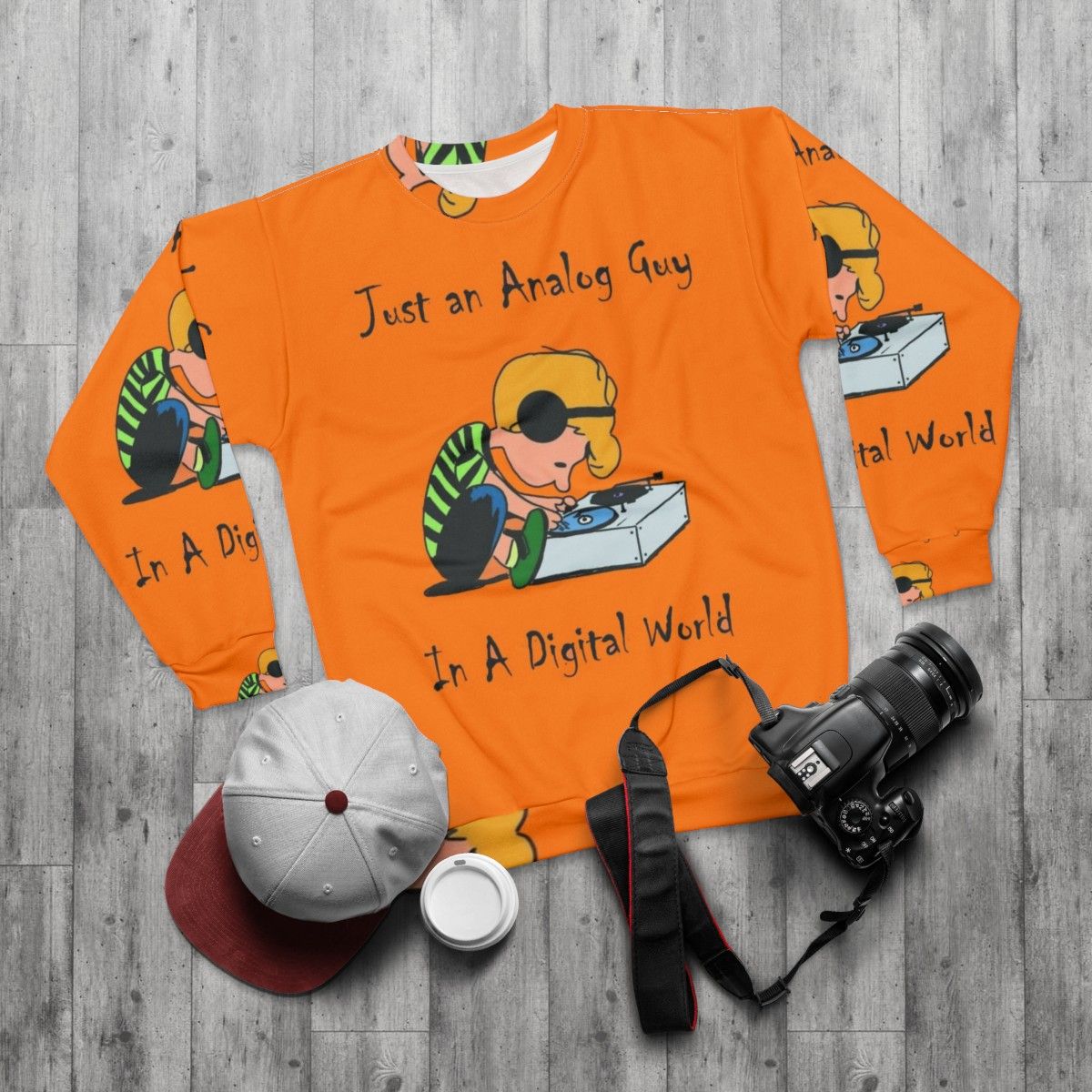 Retro analog guy in digital world sweatshirt - flat lay