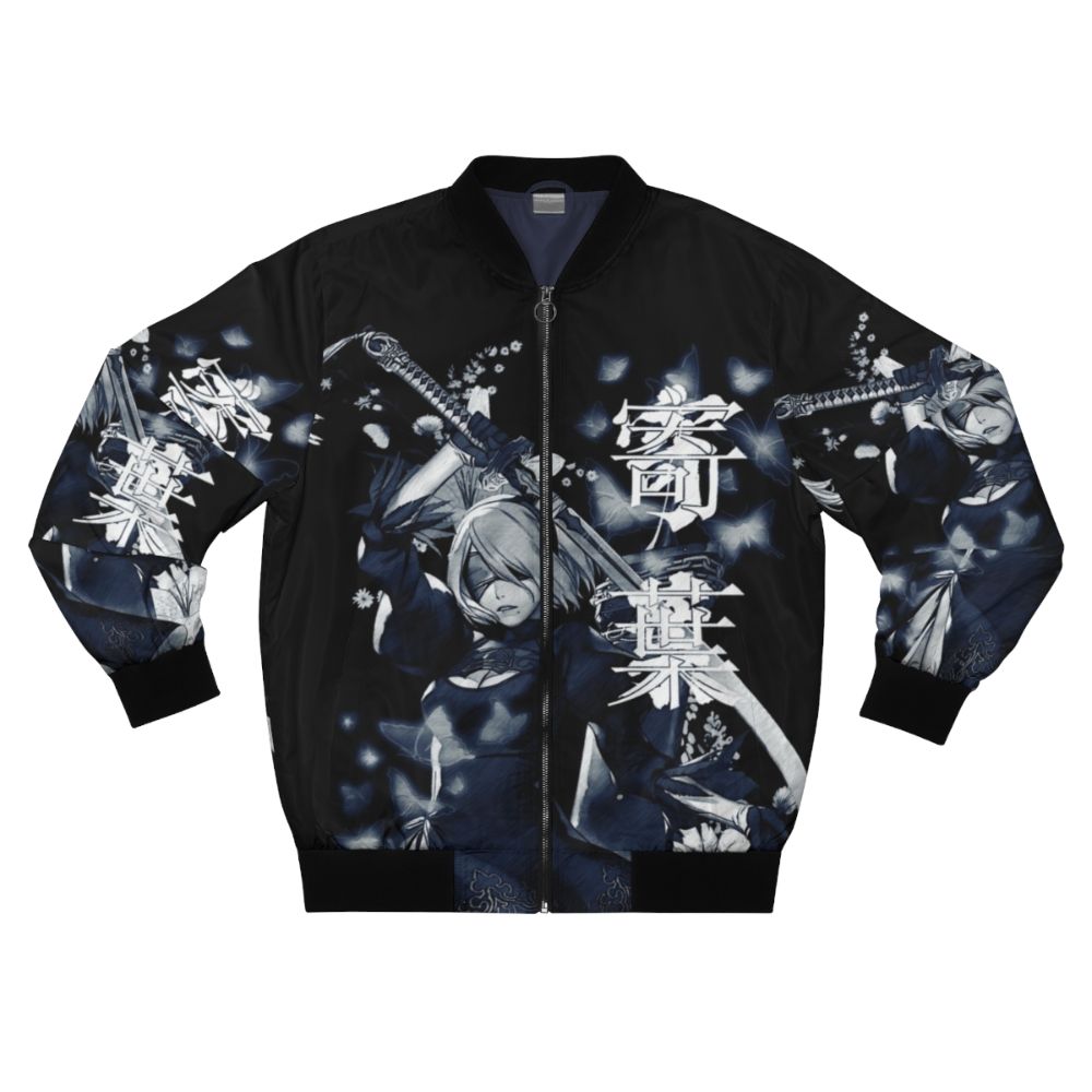 A blue bomber jacket with a floral and anime-inspired design, featuring flowers, butterflies, and Nier Automata characters.