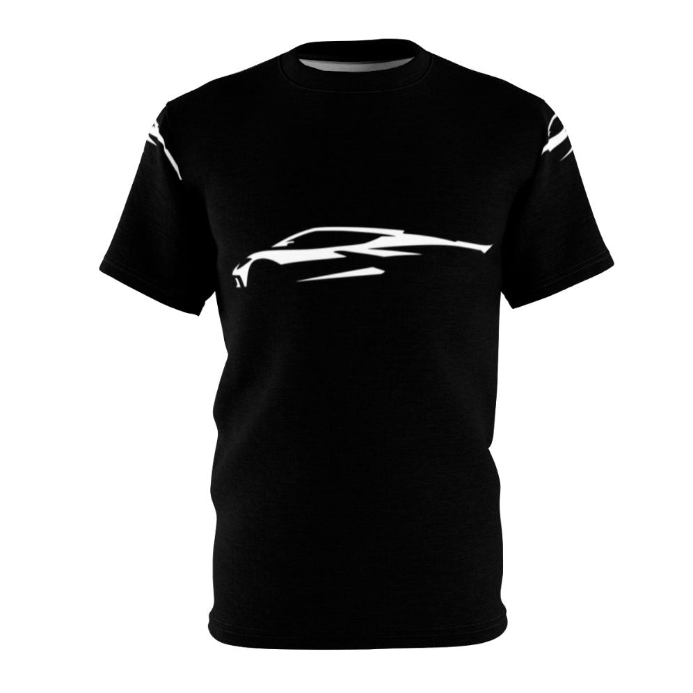 Chevrolet Corvette C8 inspired silhouette design on a white t-shirt