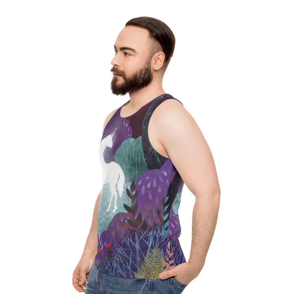 The Last Unicorn Unisex Tank Top featuring a magical unicorn in a fantasy forest - men side