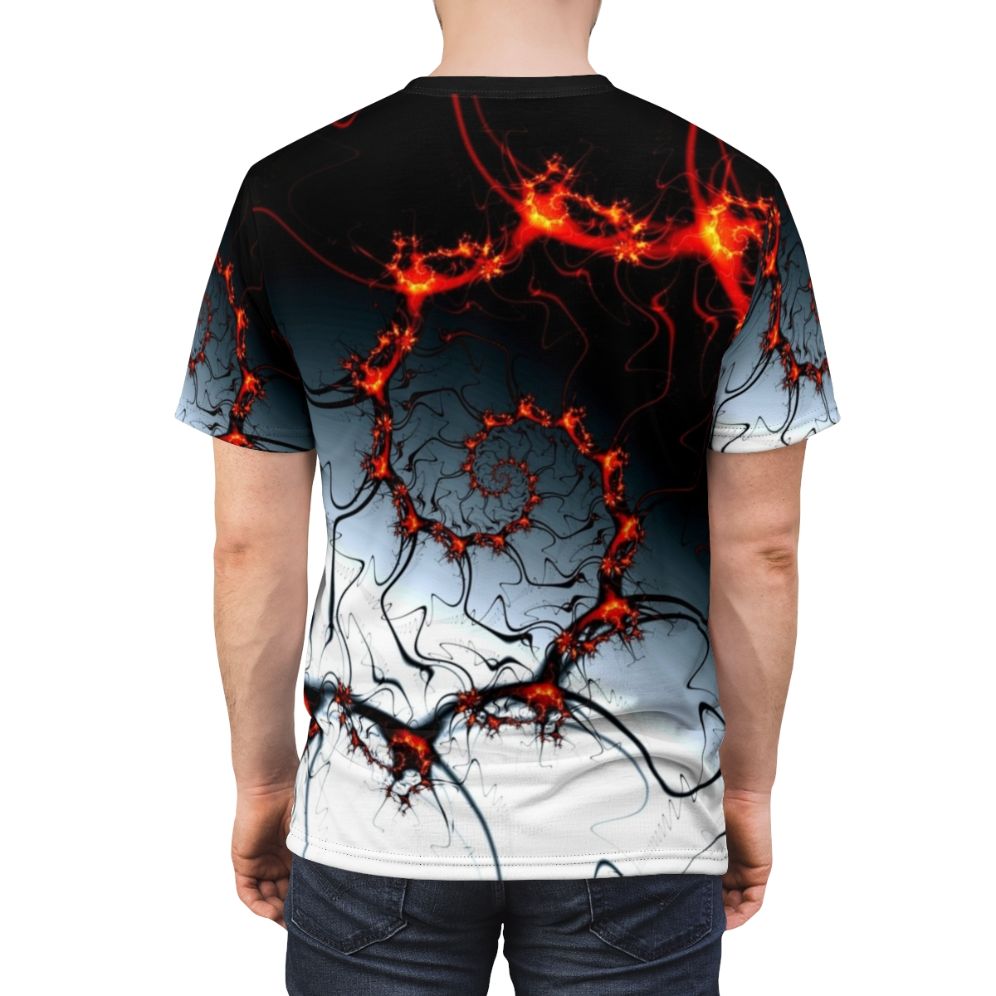 Mesmerizing abstract geometric digital t-shirt design with fiery fractal and spiral patterns - men back