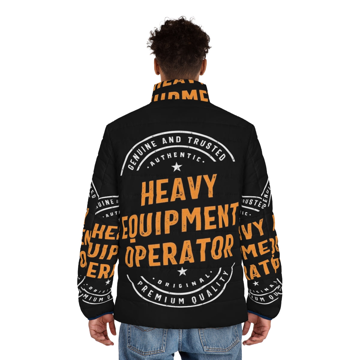 Heavy equipment operator wearing a durable puffer jacket - men back