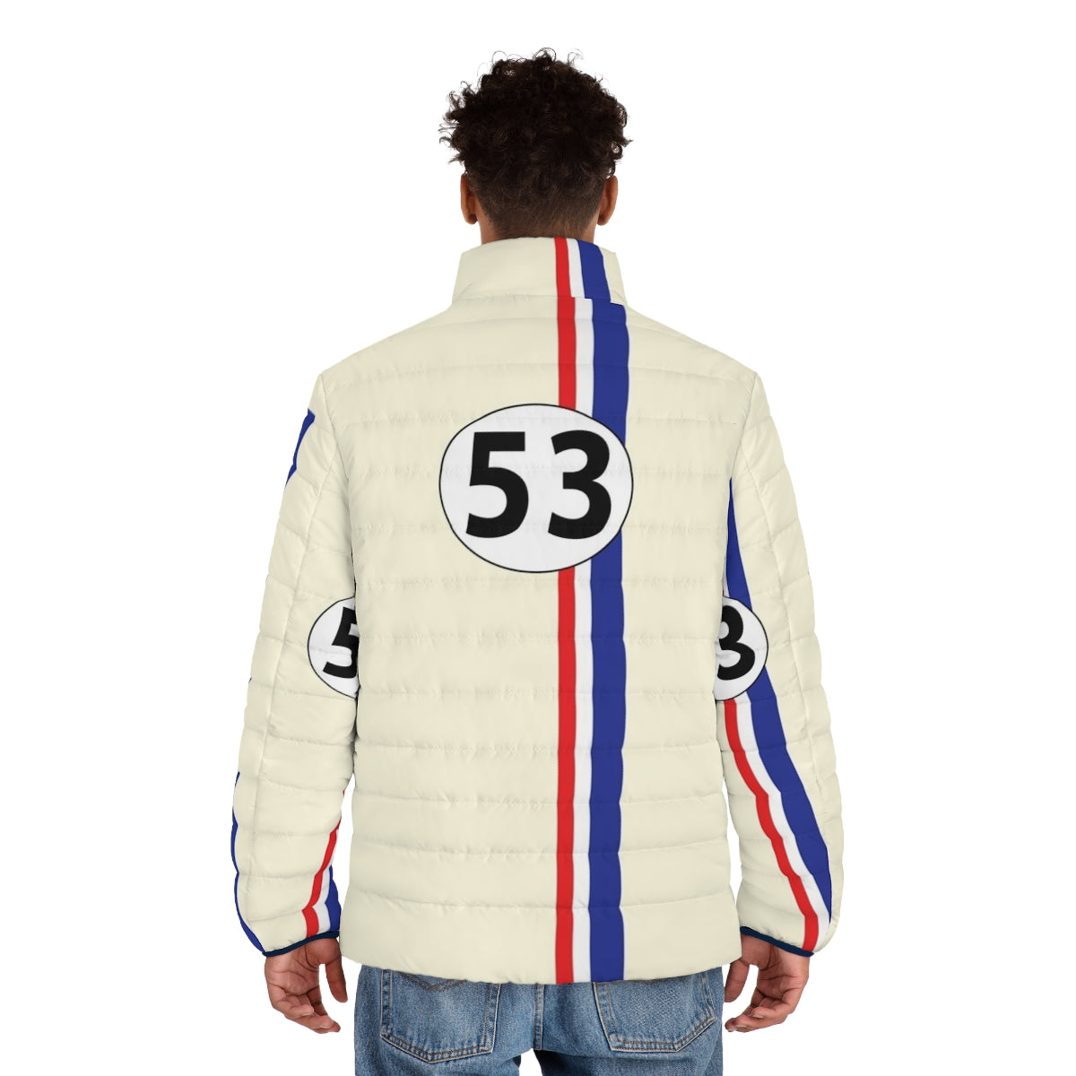 Herbie Number 53 Puffer Jacket with classic racing stripes and number design - men back