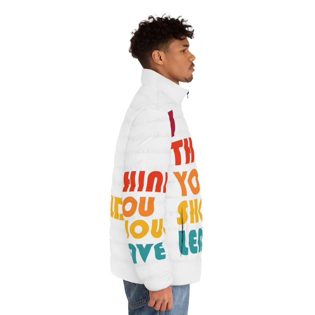 Retro-style "I Think You Should Leave" puffer jacket featuring graphic design inspired by the popular Netflix sketch comedy series - men side right