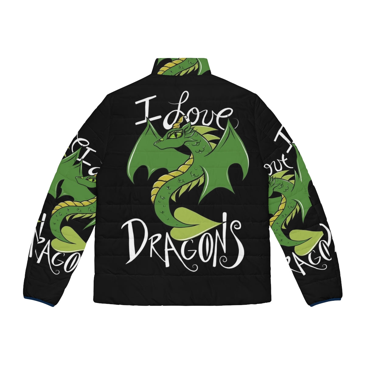 "I Love Dragons" puffer jacket featuring a green dragon design - Back