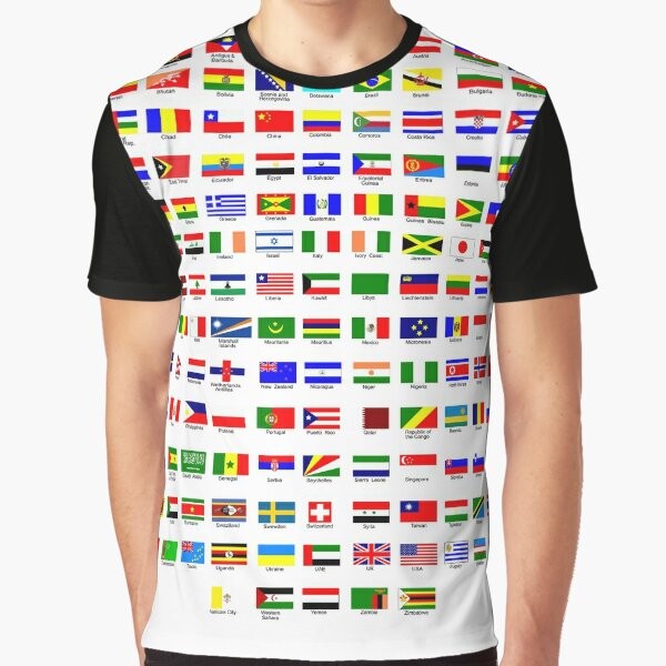 A graphic t-shirt featuring the flags of countries from around the world, showcasing international flags and national symbols.