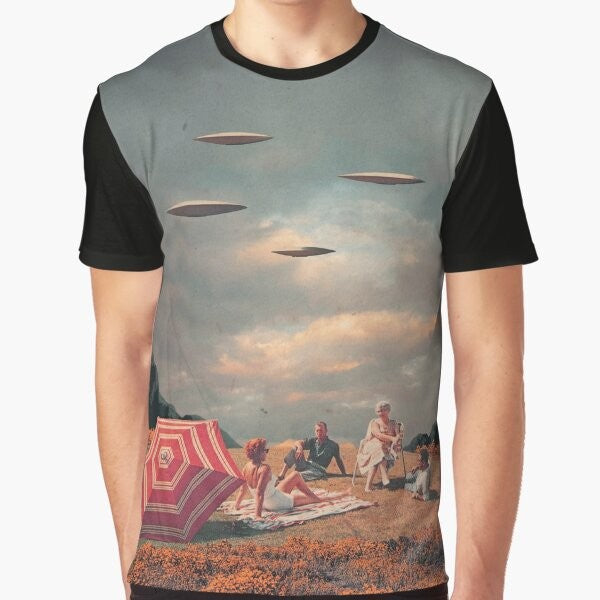 Vintage, retro future graphic t-shirt design featuring a surreal collage of a spaceship, mountains, clouds, and people in a colorful, 1960s-inspired style.