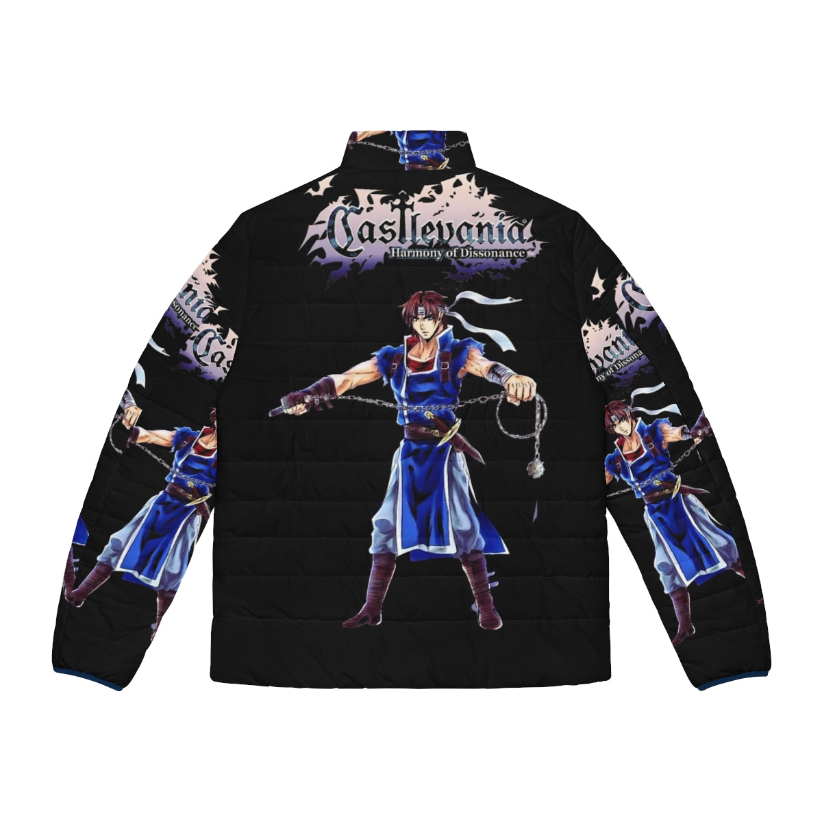 Castlevania Puffer Jacket featuring Alucard, Belmont, and Sypha character designs - Back