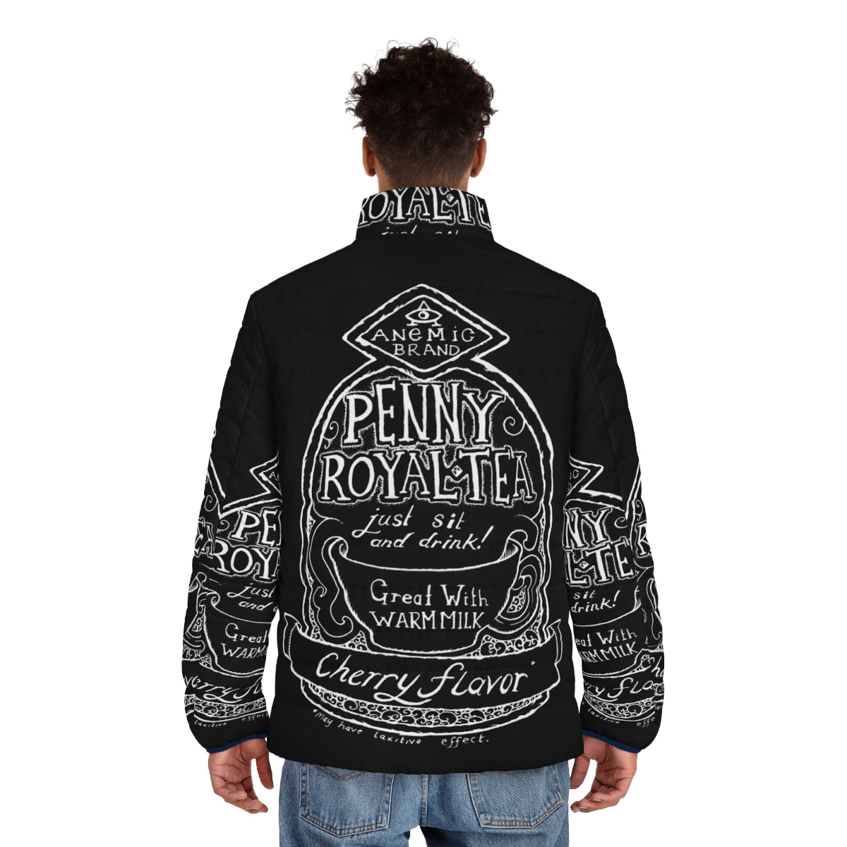 Pennyroyal Tea Puffer Jacket featuring illustrated Nirvana lyrics - men back