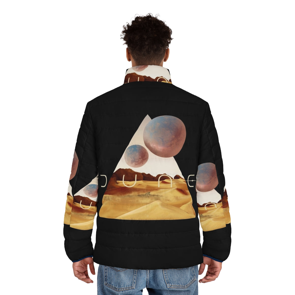 Dune-inspired puffer jacket featuring a sandworm design - men back