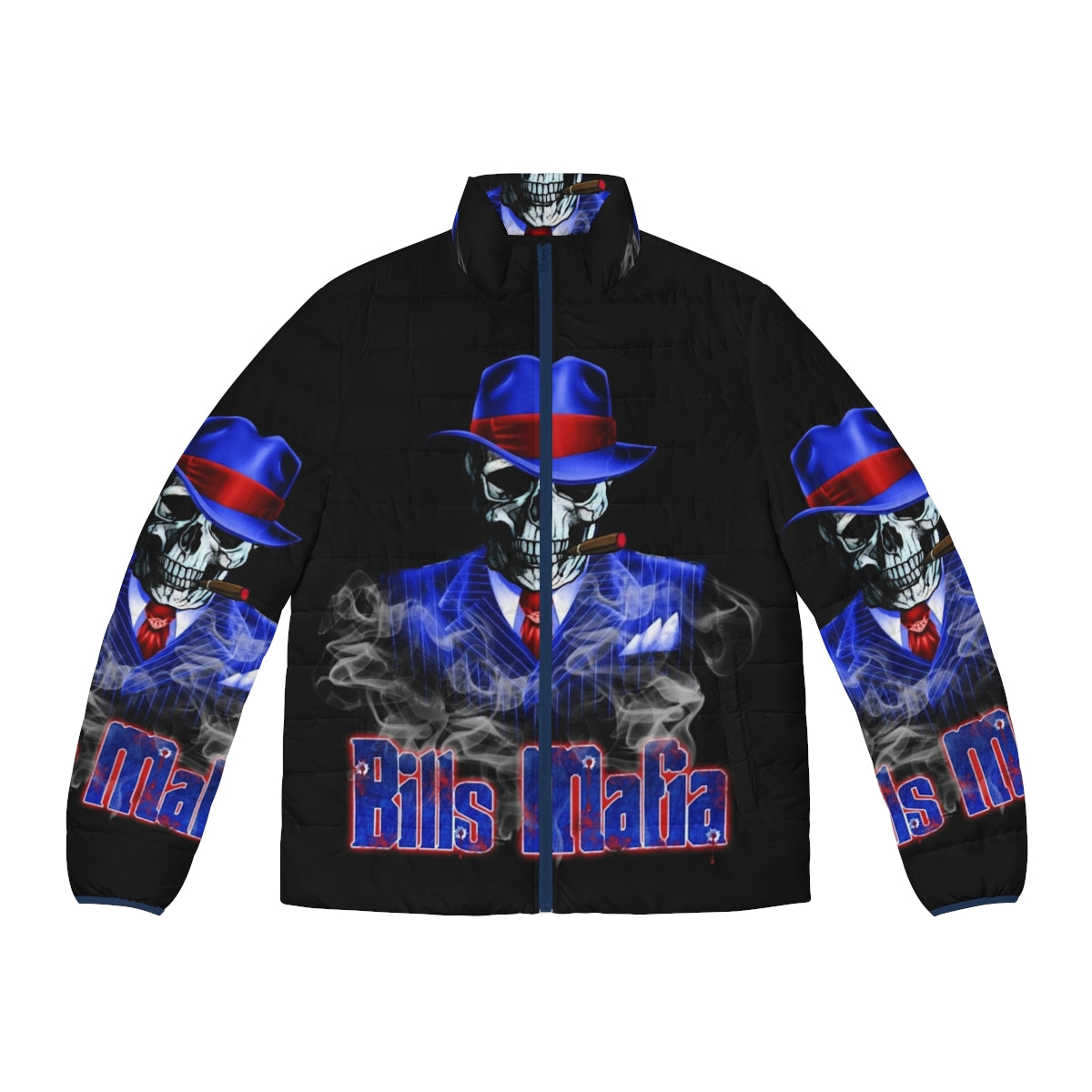 Bills Mafia Puffer Jacket featuring a bold skeleton and skull design