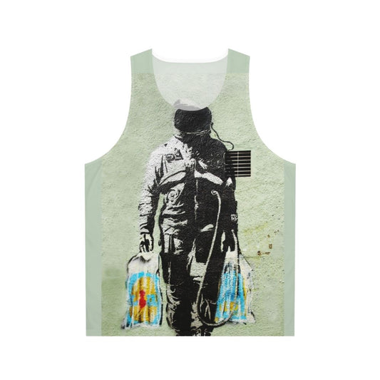 Banksy inspired astronaut with shopping bags unisex tank top