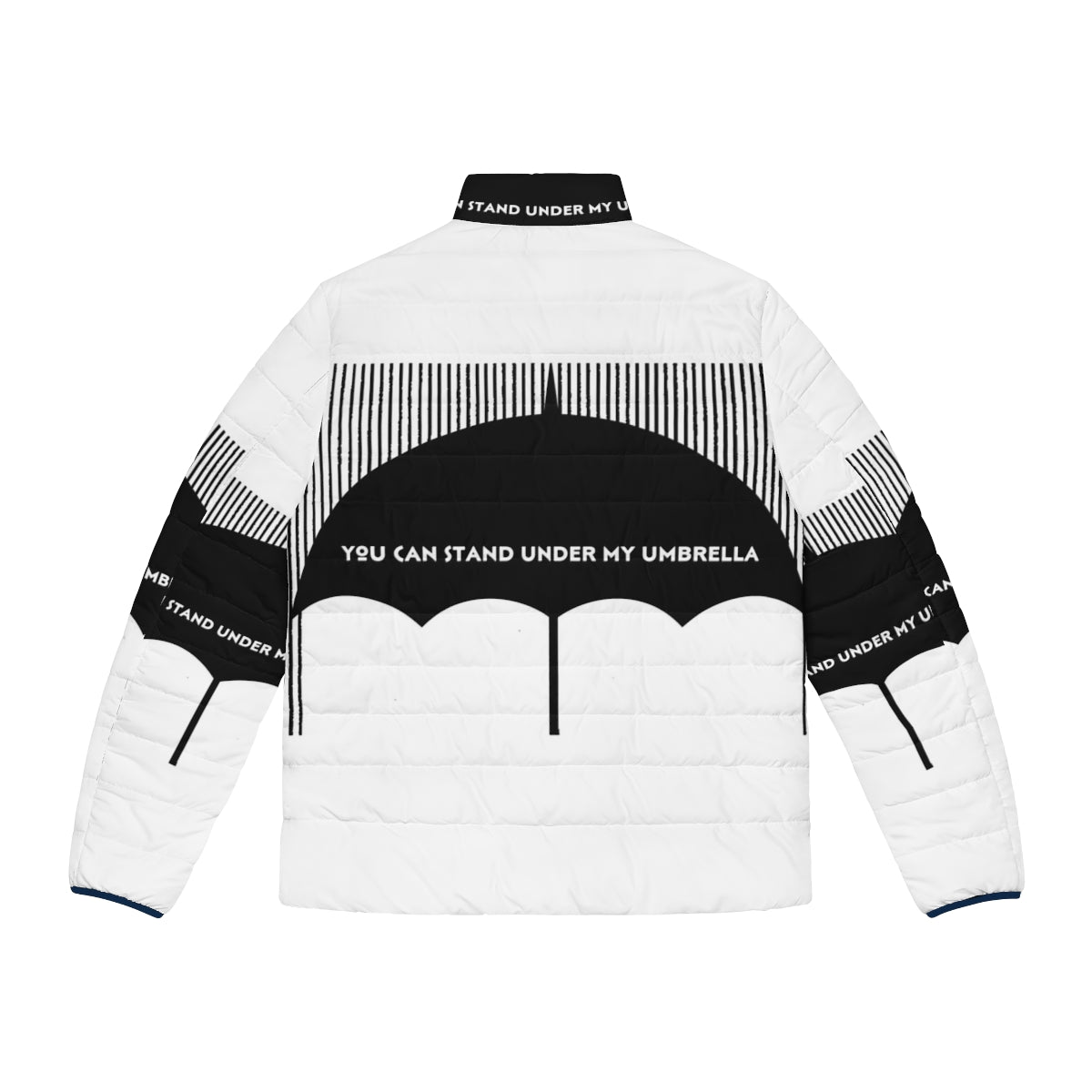 Black and white puffer jacket with umbrella design for stylish weather protection - Back