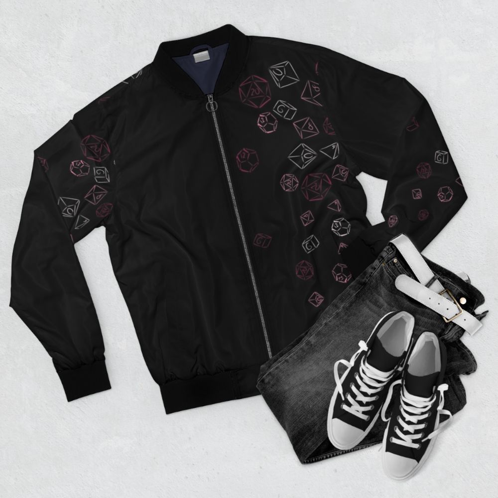 Retro bomber jacket with cascading pink dice pattern, perfect for gamers and RPG enthusiasts. - Flat lay