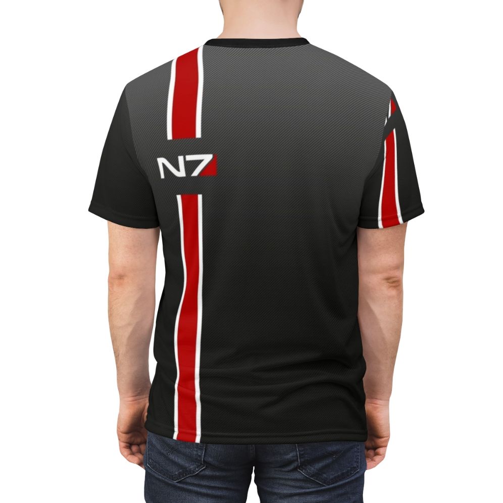 Iconic N7 Mass Effect inspired t-shirt design featuring characters and ships from the popular video game franchise. - men back