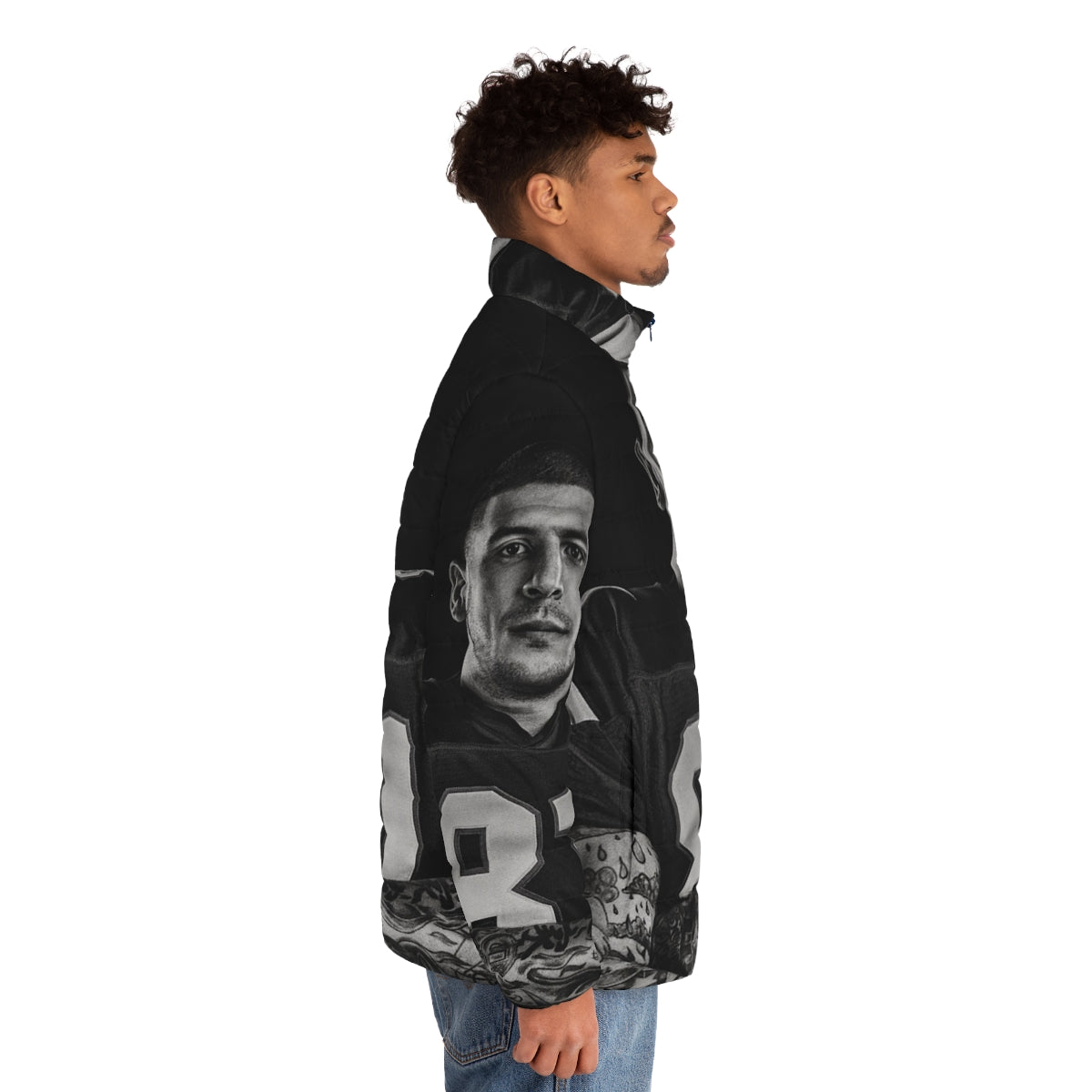 Aaron Hernandez NFL Puffer Jacket with football design - men side right