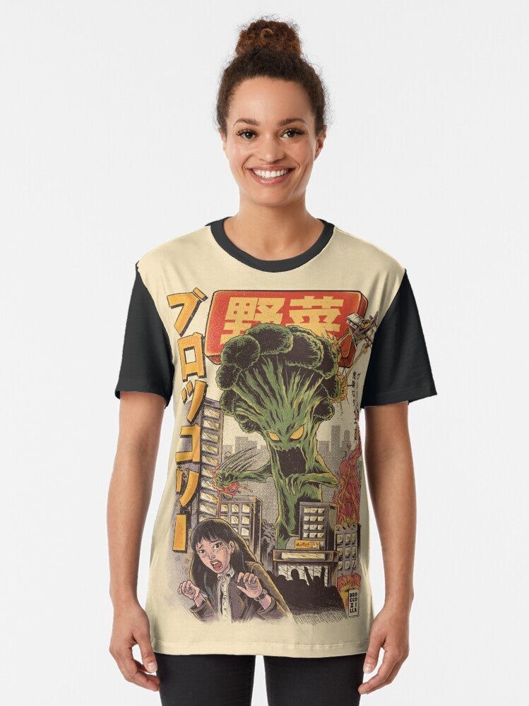 Broccozilla - An anime-inspired graphic tee featuring a broccoli monster character - Women