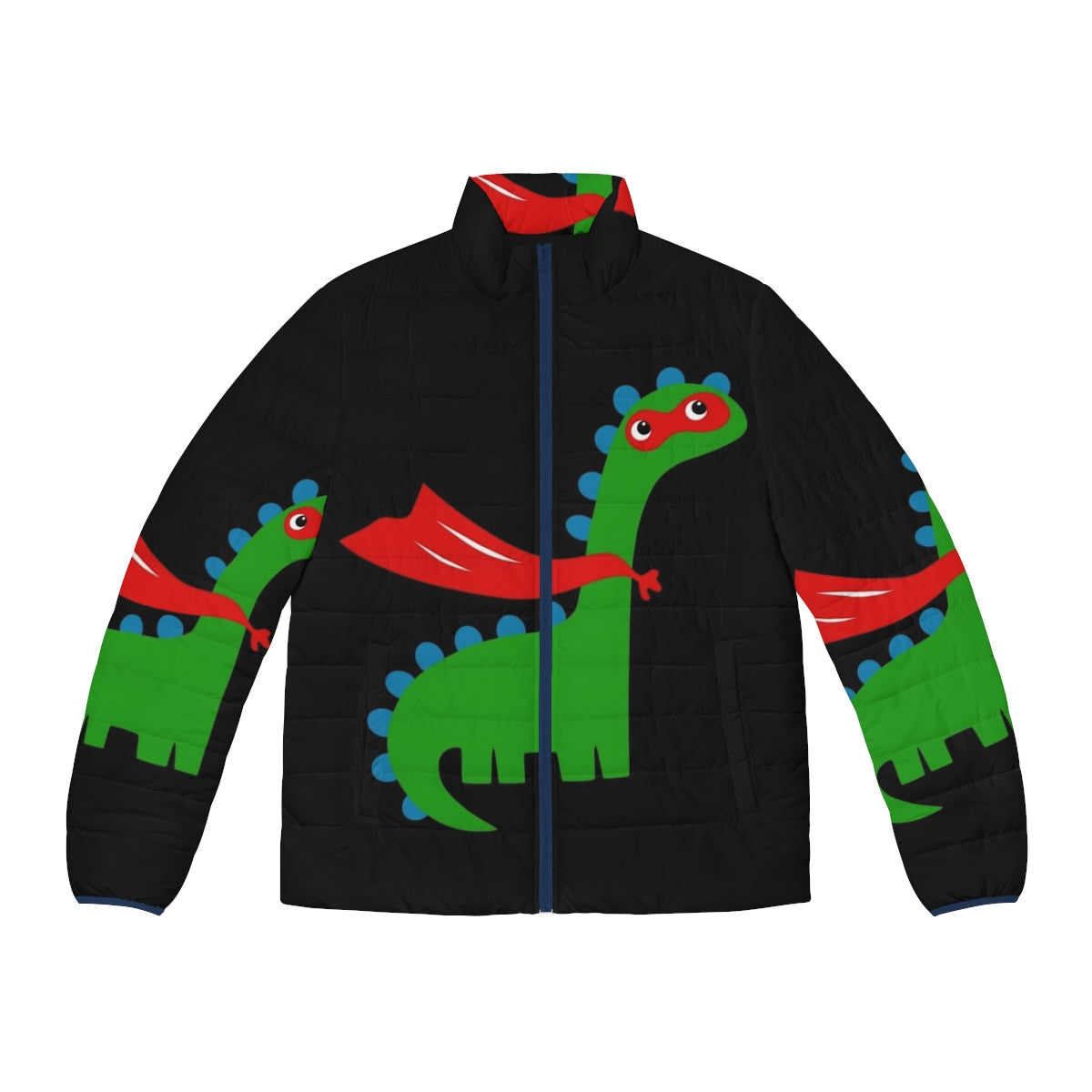 Kid wearing a colorful dinosaur superhero puffer jacket