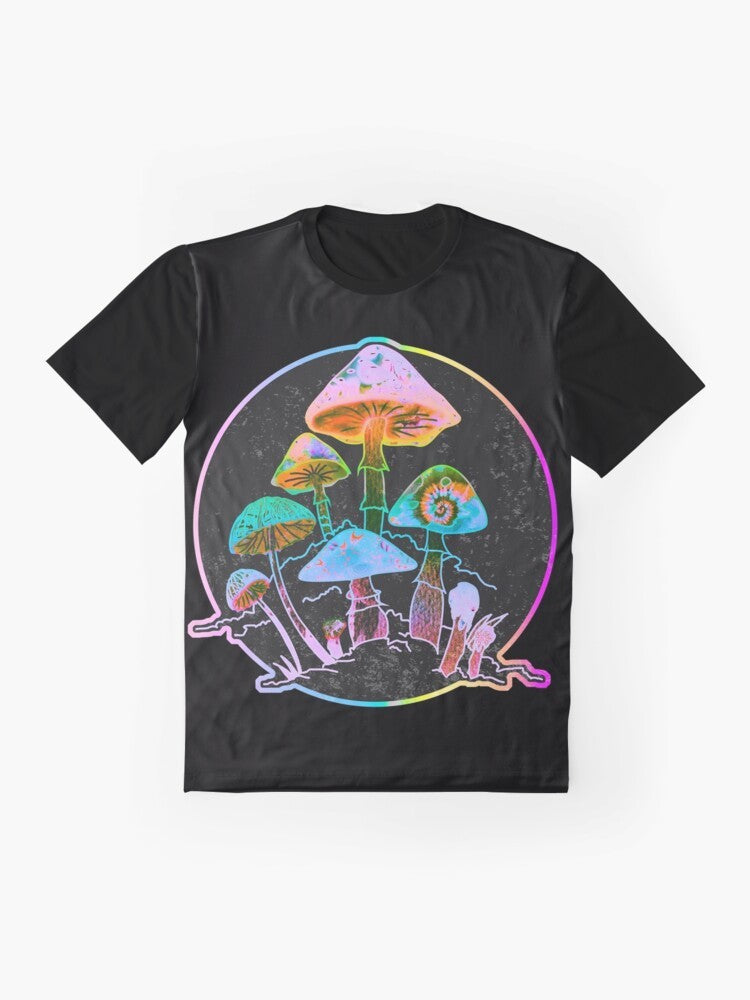 Colorful, trippy graphic t-shirt featuring a psychedelic mushroom galaxy design - Flat lay