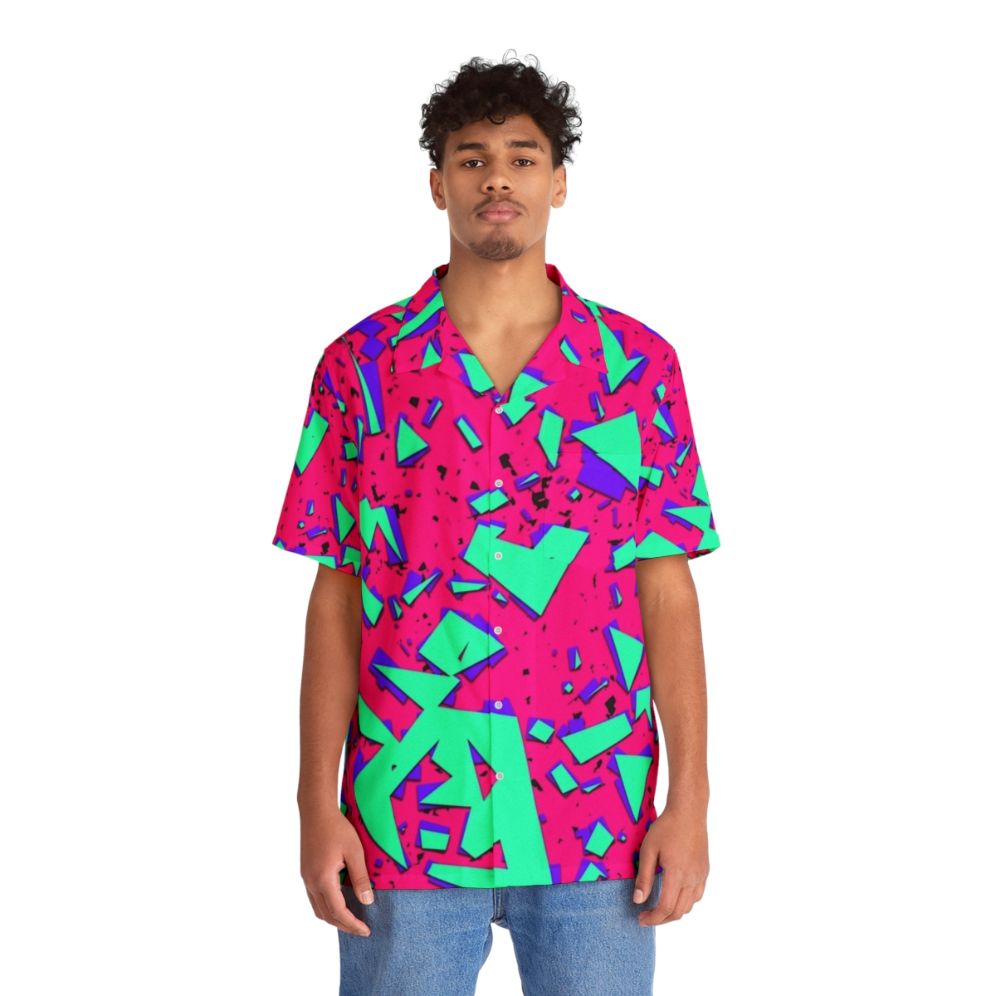 90s Abstract Geometric Pattern Teal and Pink Hawaiian Shirt - Lifestyle