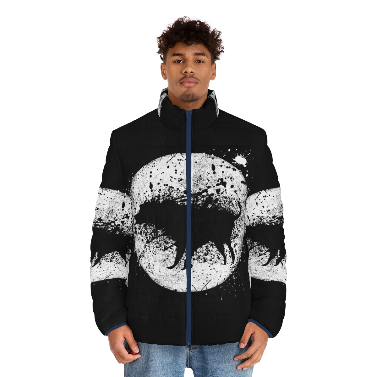 Banksy Splash Dog and Moon Puffer Jacket featuring street art inspired design - men front