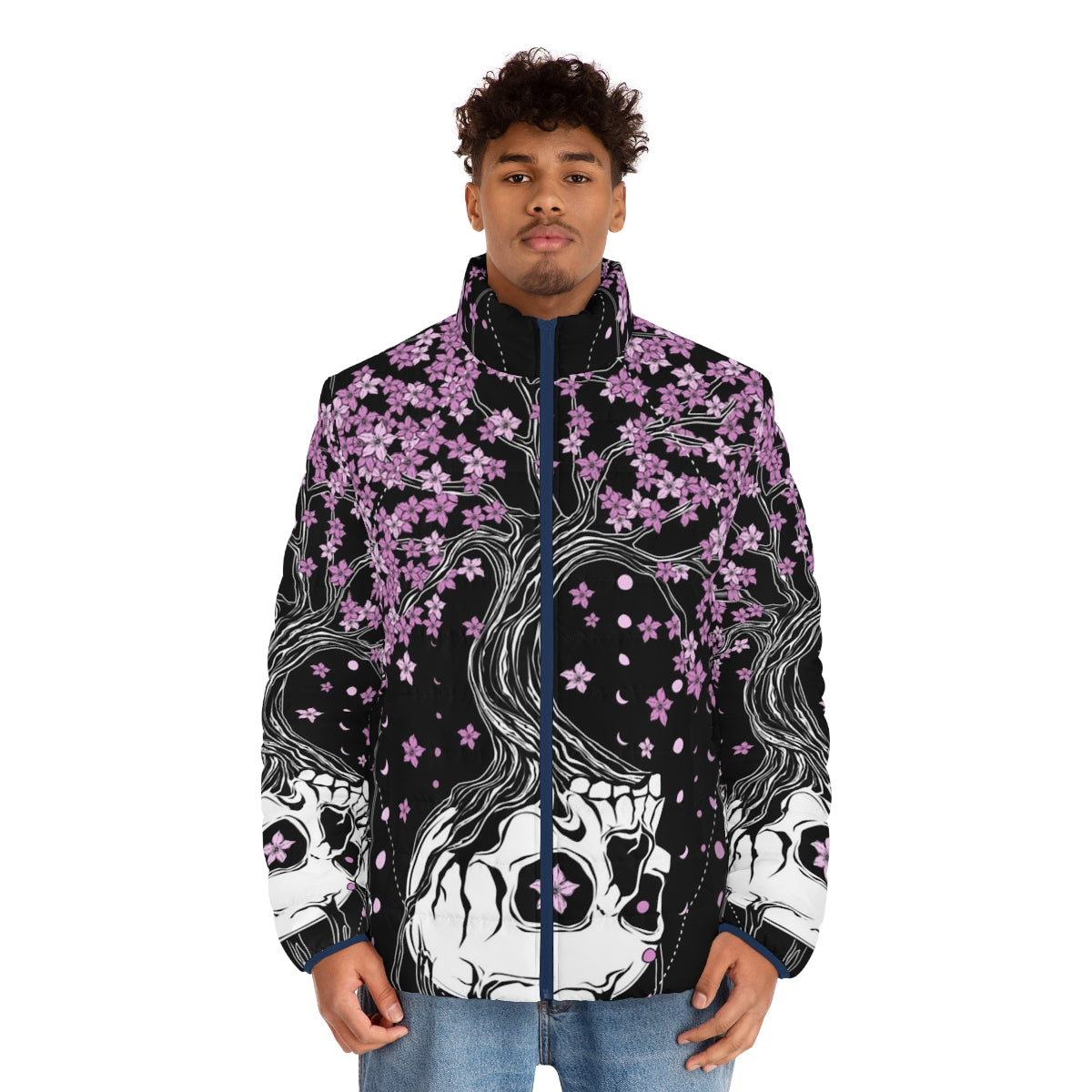 Afterlife puffer jacket with skull and cherry blossom floral design - men front