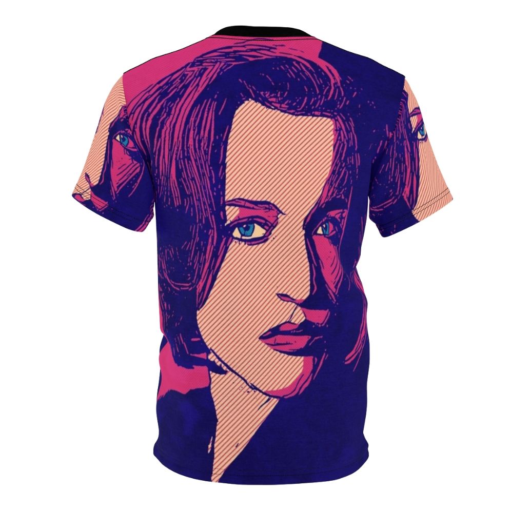 Dana Scully from The X-Files TV show, played by Gillian Anderson, featured on an all-over print t-shirt design. - Back