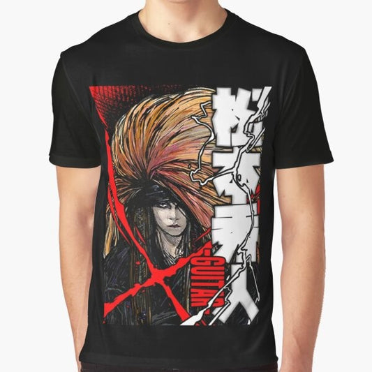 X Japan T-Shirt featuring the iconic Red X design and the image of hide (Hideto Matsumoto), the legendary guitarist of the Japanese rock band.