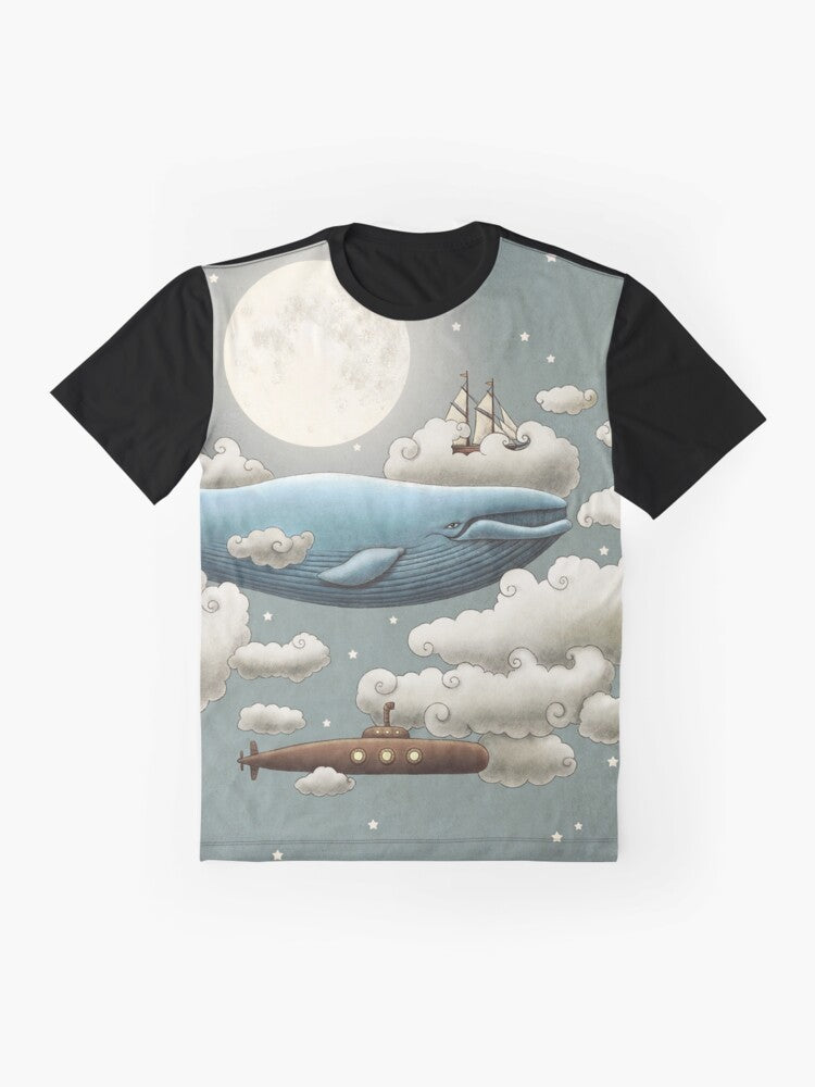 A whimsical graphic t-shirt design featuring an ocean scene with a blue whale, tall ships, and a starry sky. - Flat lay