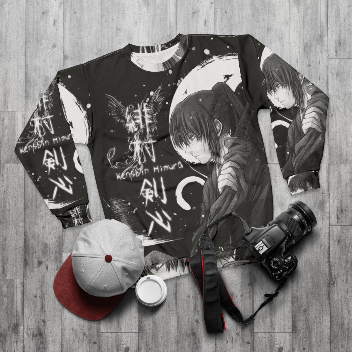 Quiet Snow Samurai Sweatshirt with Monochrome Japanese Anime Design - flat lay