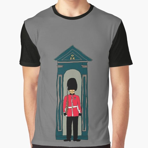 British Guardsman Graphic T-Shirt featuring a soldier wearing a bearskin hat and standing in a sentry box in front of Buckingham Palace, London, UK.