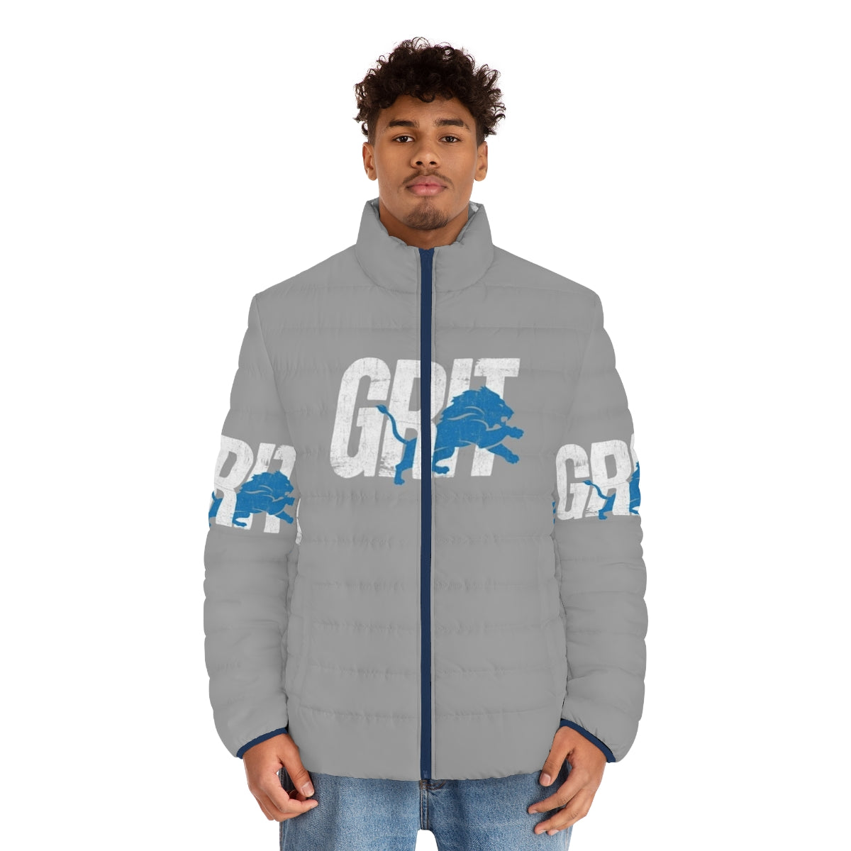 Detroit Grit Puffer Jacket with football graphics - men front