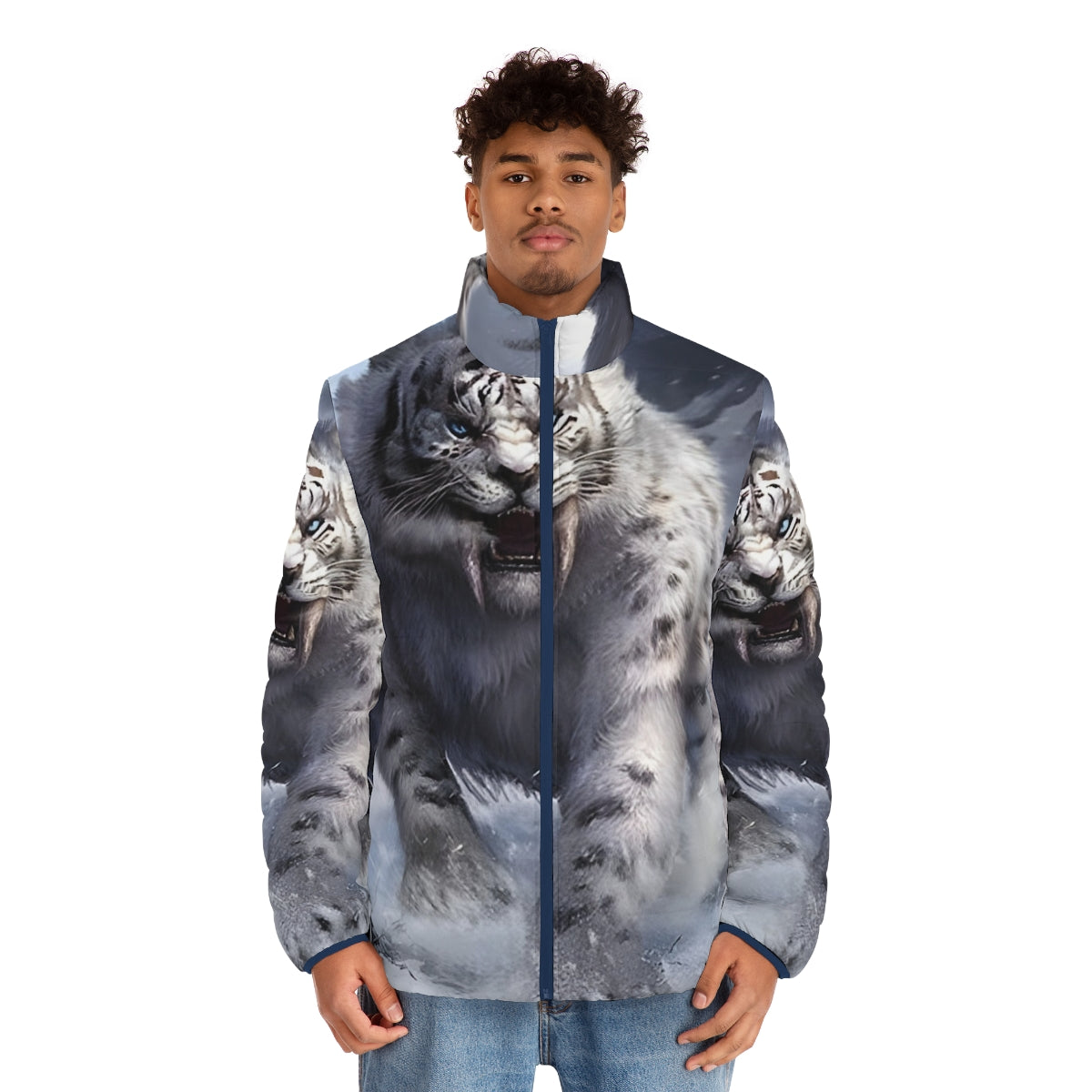 White sabertooth tiger puffer jacket with realistic animal print design - men front