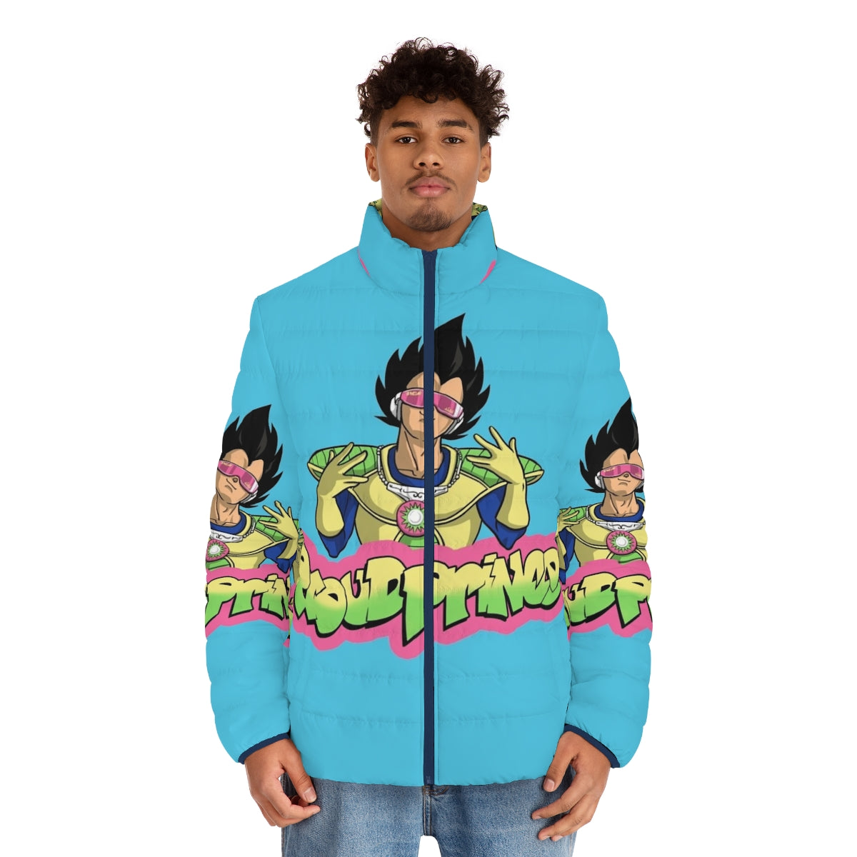 Proud Prince Puffer Jacket with Dragonball Anime Inspired Design - men front