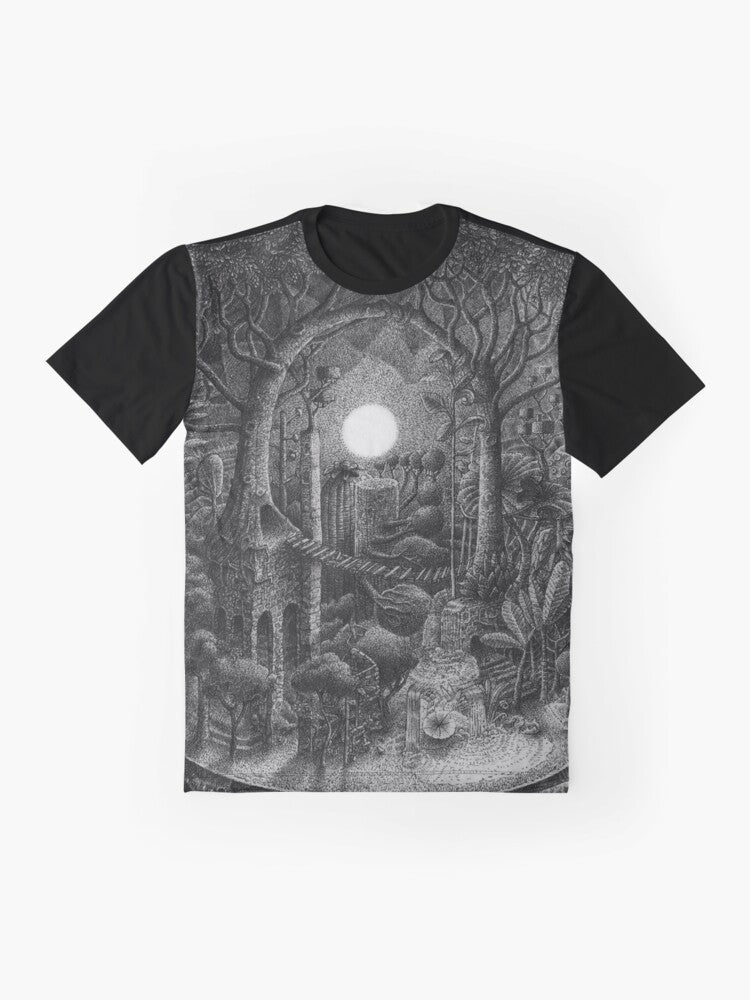 Detailed ink drawing of a full moon surrounded by a fantasy forest landscape - Flat lay