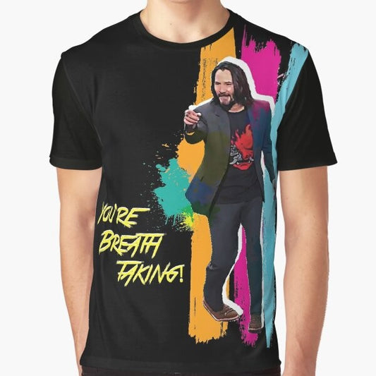 "You're Breathtaking" Keanu Reeves Cyber Punk Graphic T-Shirt with Vivid Rainbow Colors