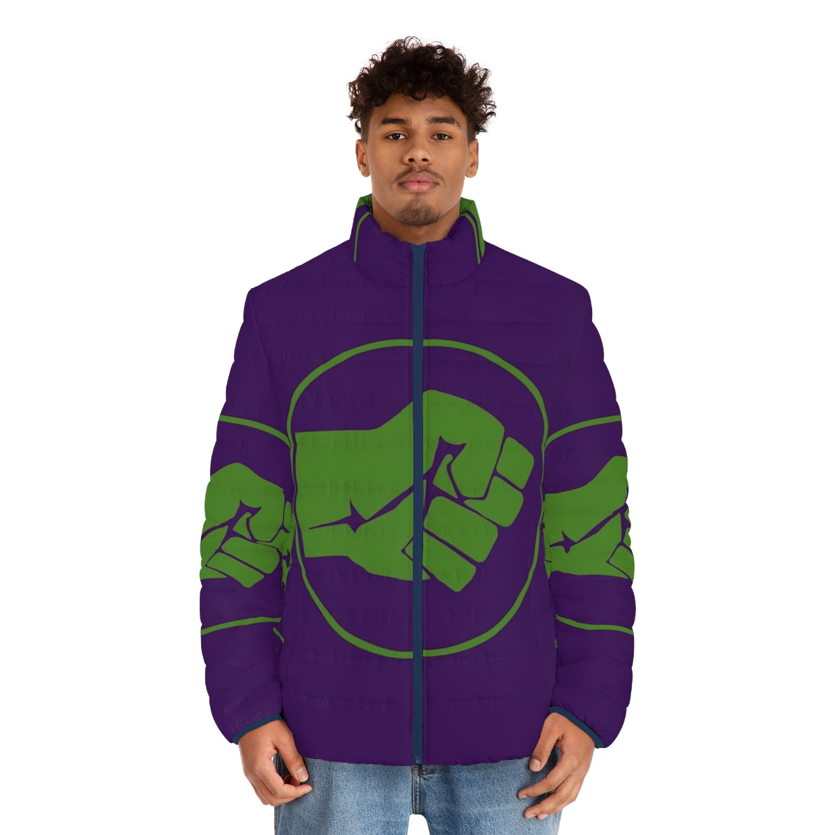 Green puffer jacket featuring the iconic Incredible Hulk smash fist logo - men front