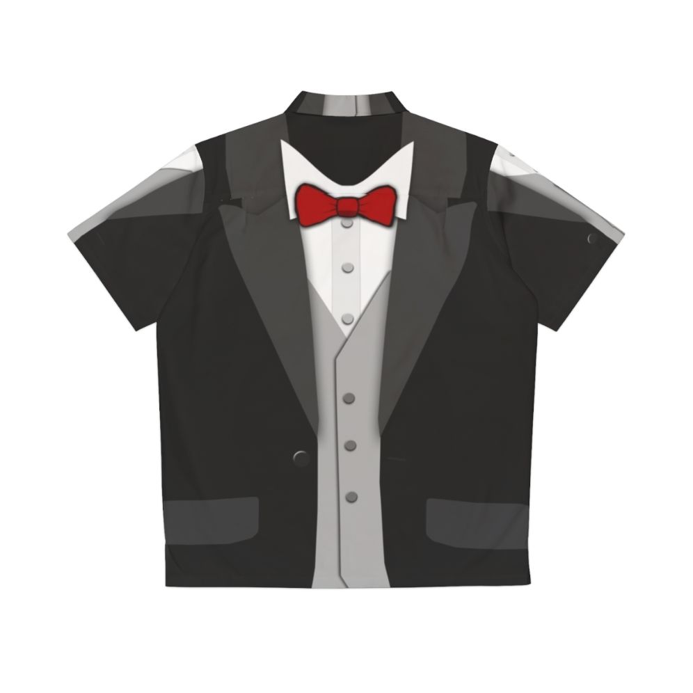 Black Tuxedo Hawaiian Shirt with Red Bowtie and Vest - Back