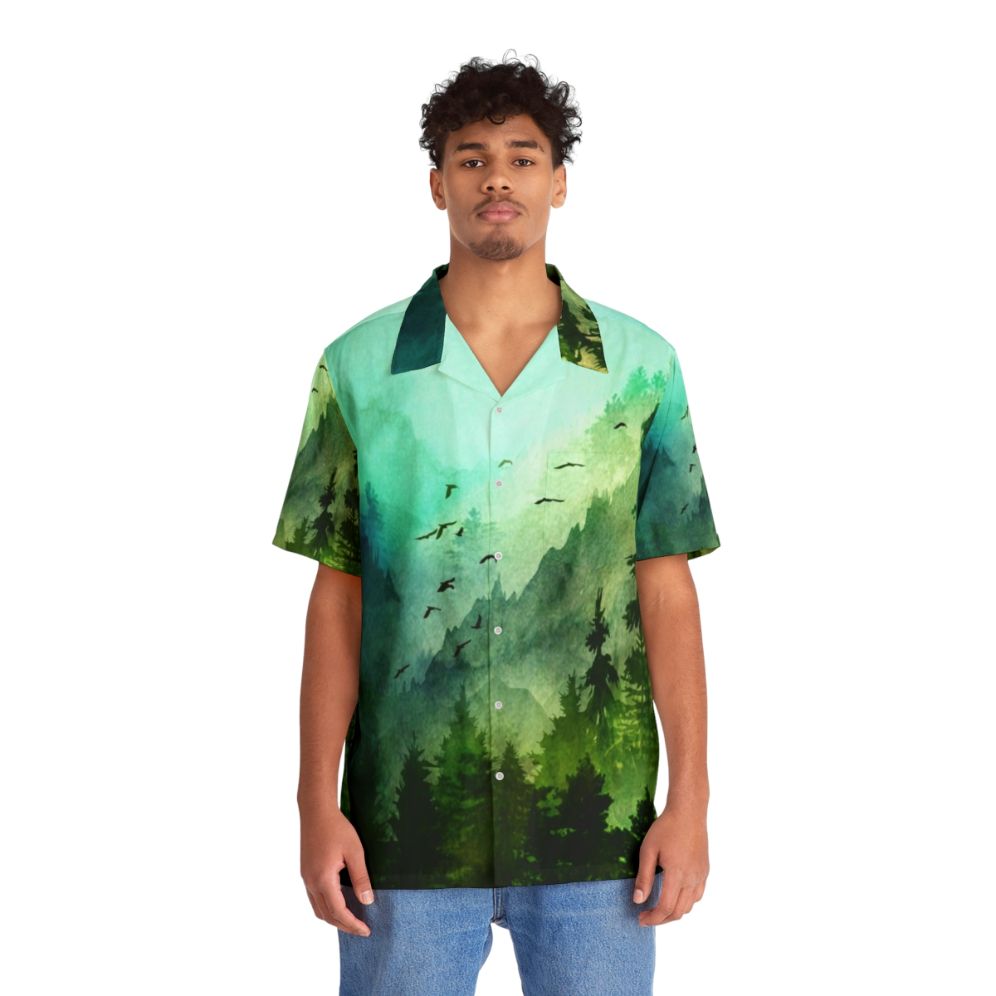 Watercolor Mountain Hawaiian Shirt with Pine Forest and Nature Scenery - People Front