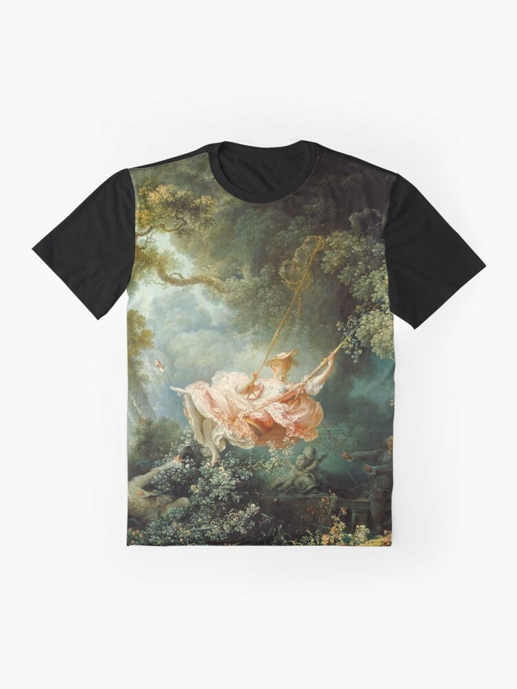 Graphic t-shirt featuring the famous painting "The Swing" by French Rococo artist Jean-Honoré Fragonard. - Flat lay