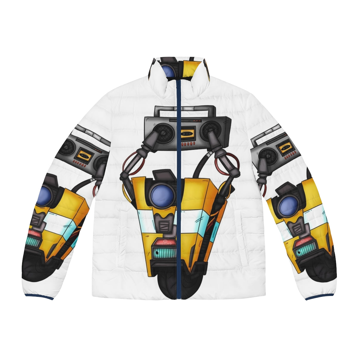 Borderlands Claptrap Boombox Puffer Jacket with a robotic design