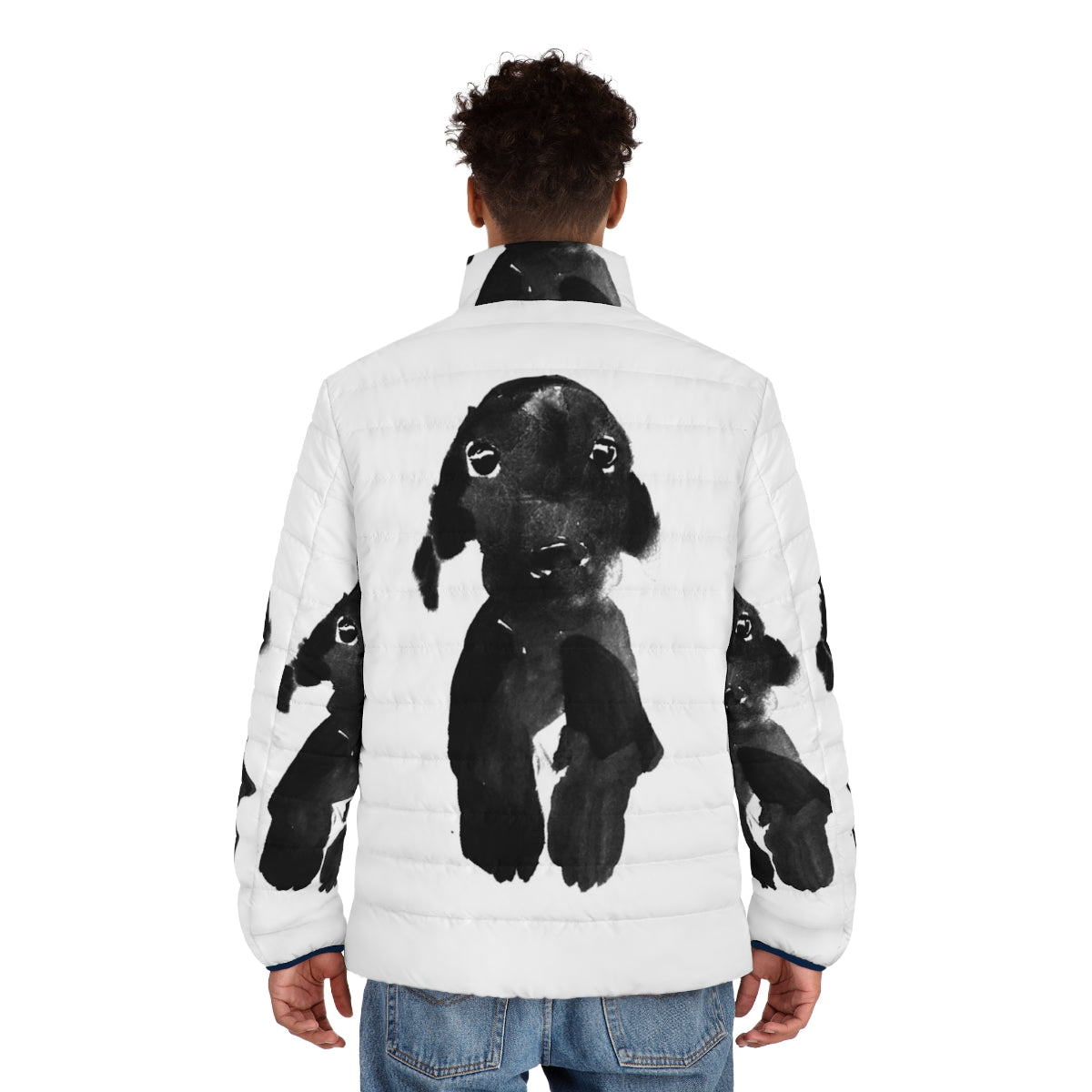 Black dog wearing a warm and cozy puffer jacket - men back