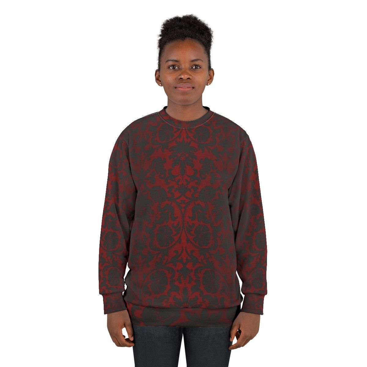 Dark red and black damask pattern sweatshirt - women