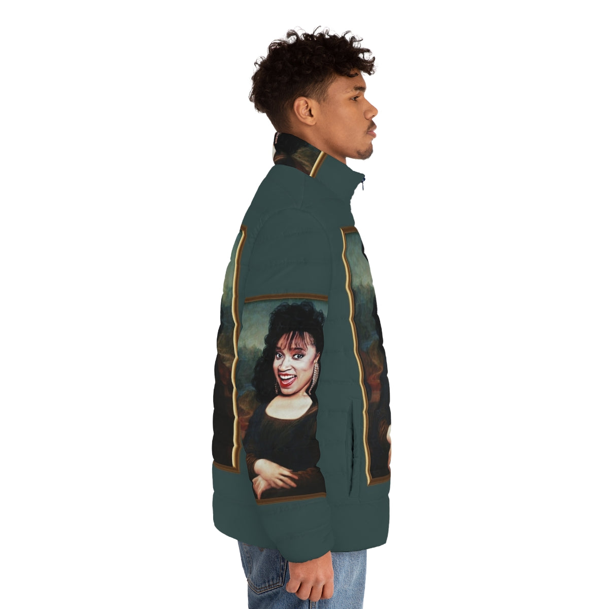 Mona Lisa Jackee Puffer Jacket featuring pop culture art of iconic actress Jackee Harry - men side right