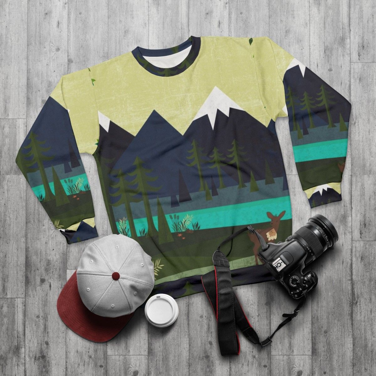 Outdoor Adventure Landscape Sweatshirt with Deer Design - flat lay