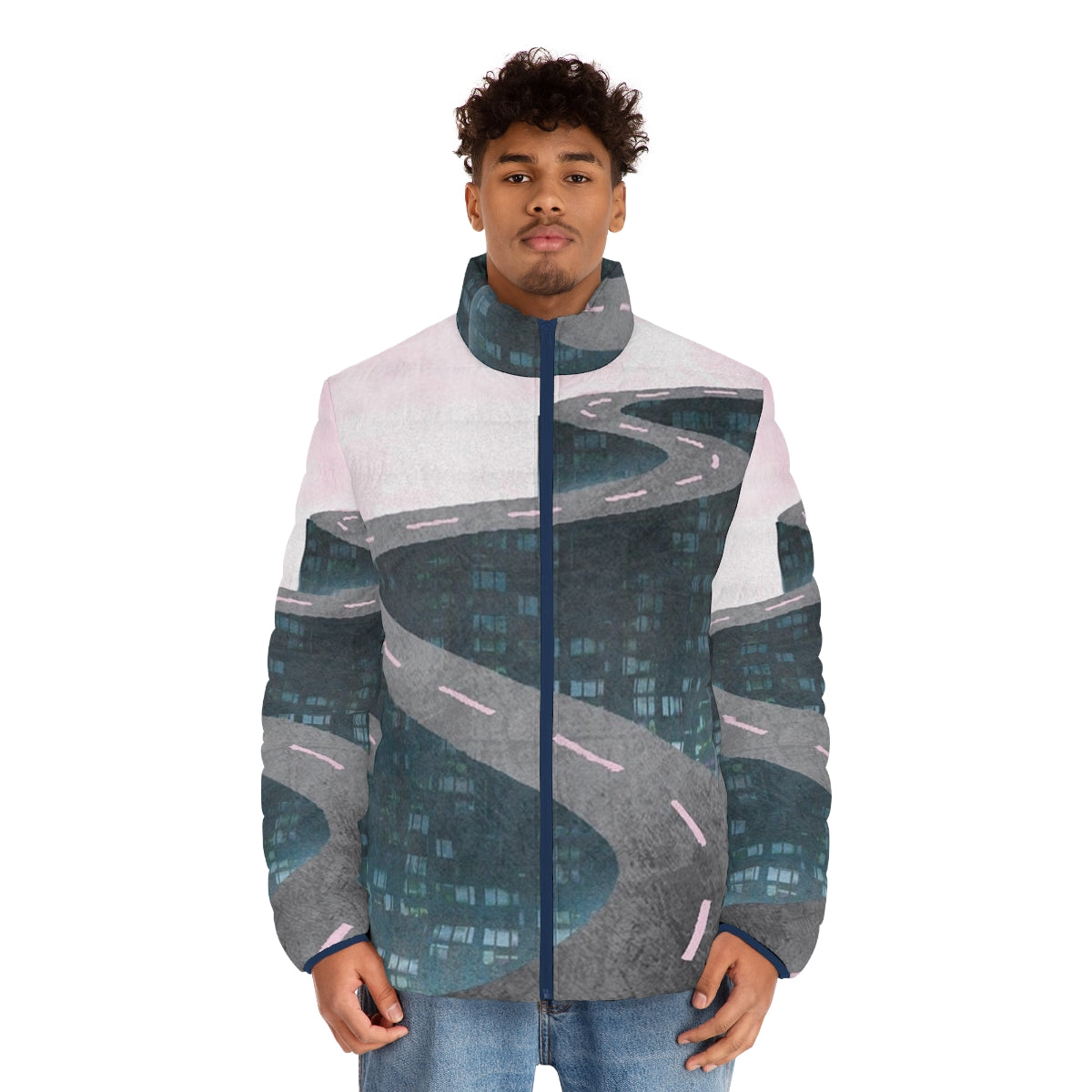 Retro futuristic "A Million Miles Away" puffer jacket with vaporwave and cyberpunk aesthetics - men front