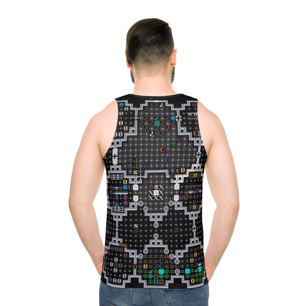 Unisex Dwarf Fortress Indie Game Tank Top featuring Pixel Art Graphics - men back