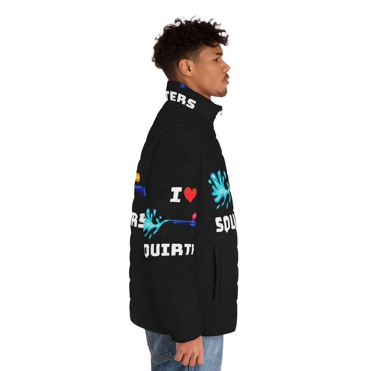 Squirrel lover puffer jacket with "I Love Squirters" graphic - men side right