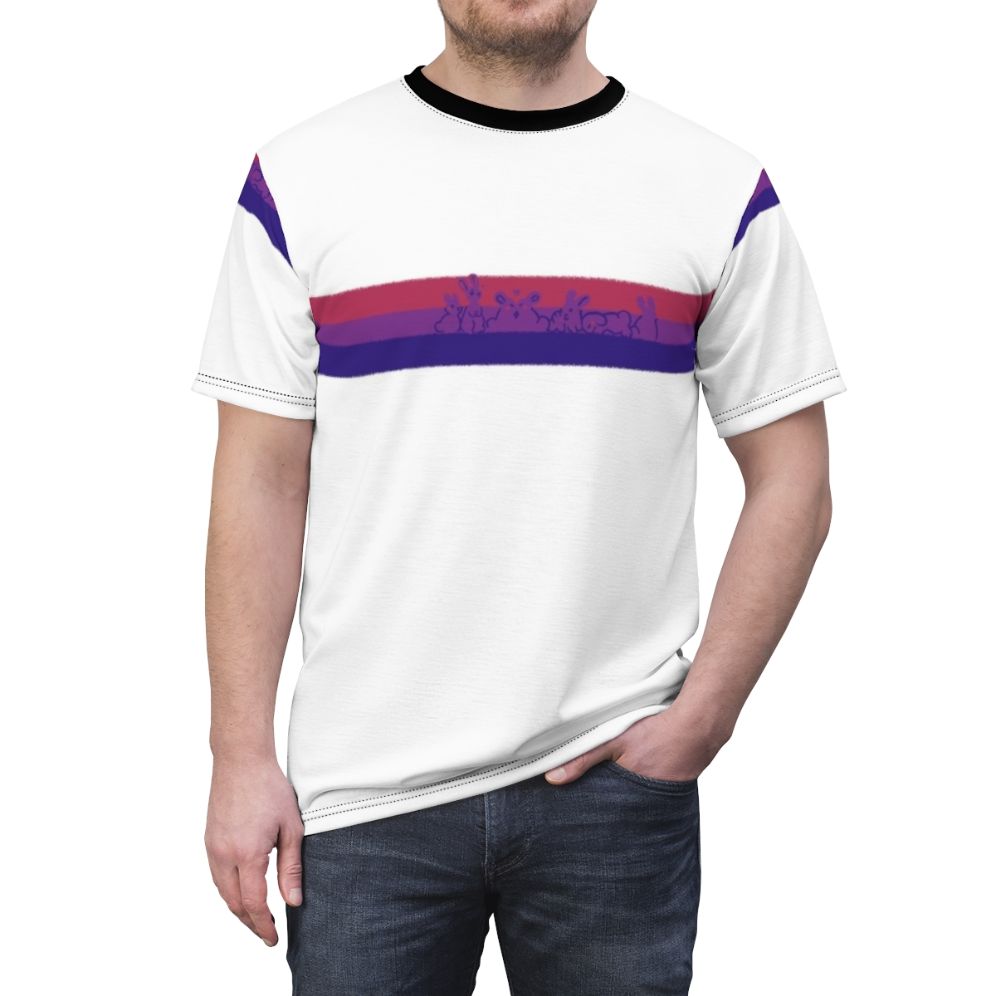 Colorful bisexual pride flag design with cute rabbits or bunnies - men front